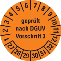 Dreifke® Prüfplakette geprüft nach DGUV Vorschrift 3 27-32, orange, Dokumentenfolie, Ø20mm, 500/Rolle