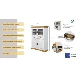 Home Affaire Highboard HOME AFFAIRE "Rügen", weiß (weiß, honig), B:95cm H:130cm T:40cm, Massivholz, Sideboards, Highboard, Vitrine im Landhausstil, zertifiziertes Massivholz, Höhe 131 cm