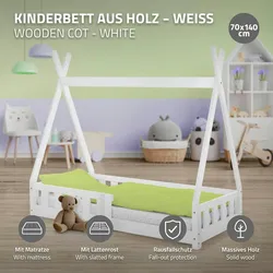 Kinderbett+Matratze Rausfallschutz Tipi Bett Hausbett Kiefernholz Weiß 70x140 cm