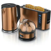Arendo - Wasserkocher mit Toaster und Eierkocher SET Edelstahl Kupfer Wasserkocher 1,5L 40° - 100°C, Toaster 2 Scheiben LED-Display 6 Bräunungsgrade