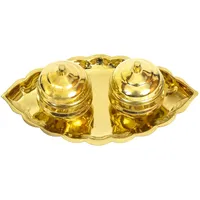 Yuktha Eternal Traditioneller handgefertigter Messing-Thali-Haldi-Kumkum-Chandhan-Halter mit Deckel, Roli, Chawal, Kumkum-Box, Sindoor, Kurkuma, Puja-Anbetung, oval, 2 Schüsseln, klein