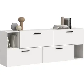 xonox.home – Wohnkombination The One in Weiß Nachbildung – Funktionale Wandkombination mit 4 Klappen – 10 Fächer inklusive 2 offener Bereiche schaffen viel Platz für Medien & Zubehör