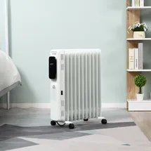 Homcom Ölradiator tragbar elektrisch Heizkörper 2500W 3 Heizstufen, 24-Stunden-Timing, elektrische Heizung mit Rollen, Weiß, Stahl Aosom