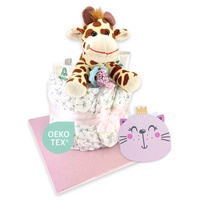 Windeltorte ® Kuscheltier Torte Rosa Mädchen - Neugeborenen Geschenk Geburt [Giraffe S] Babyparty Pullerparty Baby Spielzeug Plüschtier Erstausstattung Feuchttücher Beißring - Torte bestellen...