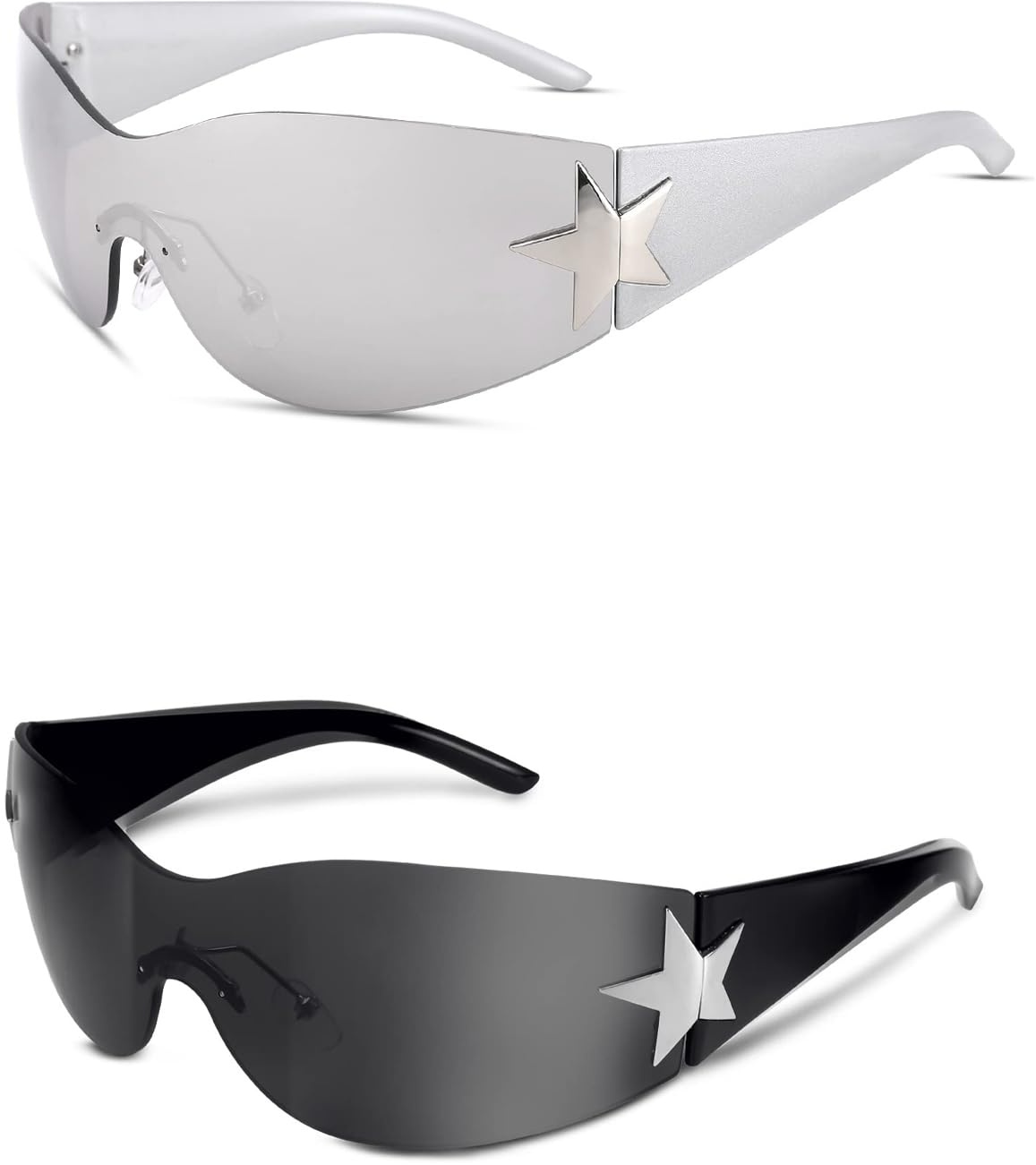 Manqyi 2 Stück Y2K Wraparound Sonnenbrille, Punk One Piece Sonnenbrille, Y2K Brille, Randlose Y2K Sonnenbrille für Damen und Herren, Mit Sternform-Tag, für den Außenbereich, Sonnenschutz im Sommer