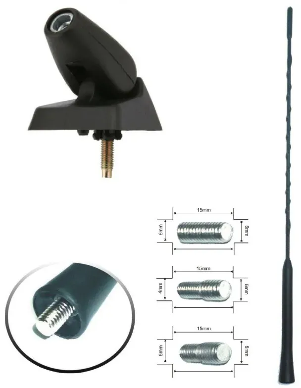 FM-/AM-Radioantenne, 41 cm lang, mit 3 Adaptern und Befestigungsfuß für Peugeot 106, 206, 206+, 306, 405, 406, 806, Expert P