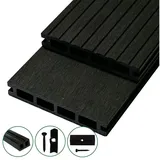 Woodstore24 Terrassendielen WoodoRhodos WPC Diele für Terrasse und Balkon mit Clipsystem, (Bodenbelag Komplettset mit Unterkonstruktion, Clip-Befestigung, 2,4m L x 12cm B x 2cm Stärke, in grau, anthrazit oder braun), Holzoptik, Klicksystem, Außenbereich, Gastronomie geeignet, wetterfest schwarz