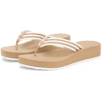 Zehentrenner TOMMY HILFIGER "TH STRIPE SUMMER SANDAL", Damen, Gr. 41, beige (hellbraun, weiß), Textil, gestreift, Schuhe Zehentrenner, Sommerschuh, Dianette, Plateauschuh mit gestreifter Bandage