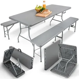 Arebos Bierzeltgarnitur 3-teilig + 2 x Bank Festzeltgarnitur für drinnen | draußen Biertisch Set Zusammenklappbar - Grau