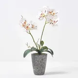 Homescapes große Kunstorchidee im Topf, hochwertige künstliche Orchidee mit weißen Blüten, Deko-Orchidee Phalaenopsis im grauen Beton-Blumentopf, dekorative Kunstblume, 46 cm hoch