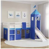 Homestyle4u Hochbett mit Rutsche, Turm und Vorhang blau