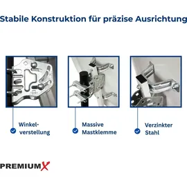 PremiumX PXA100 Satellitenschüssel 100cm Aluminium Hellgrau Satellitenantenne SAT Spiegel mit LNB-Tragarm und Masthalterung