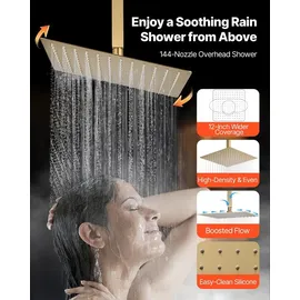Vevor Duschsystem-Set mit 12 Zoll Regenduschsystem / 6 Zoll Wandmontagekopf / 2 in 1 Handbrause, drehbarer Doppelregenkopf (3 Funktionen), Messingventil und Verkleidungssatz, gebürstetem Gold