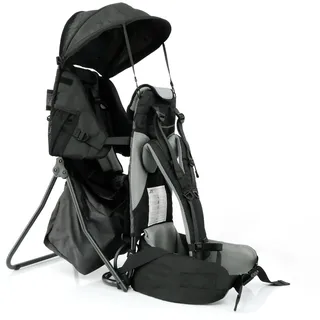 Lil' Boss Kinder Rückentrage Wandern, FASports Kindertrage 20kg bis 25kg, ergonomische Kindertrage Rucksack mit Regen- und Sonnendach, Kinderkraxe Kleinkind Grau/Schwarz, 50 x 38 x 90 cm