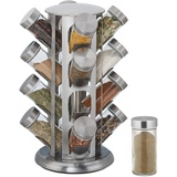 Relaxdays Gewürzkarussell, mit 16 Gewürzgläsern, 360° drehbar, Edelstahl, Glas, HxD 33 x 22 cm, Gewürzregal rund, silber