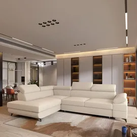 masseno Ecksofa FAVIEN L-S mit Schlaffunktion L-Form, Sofa mit Bettkasten, Wohnzimmersofa, Couch, Soffa, Bettsofa, Couchgarnitur- Creme, Boucle-Stoff