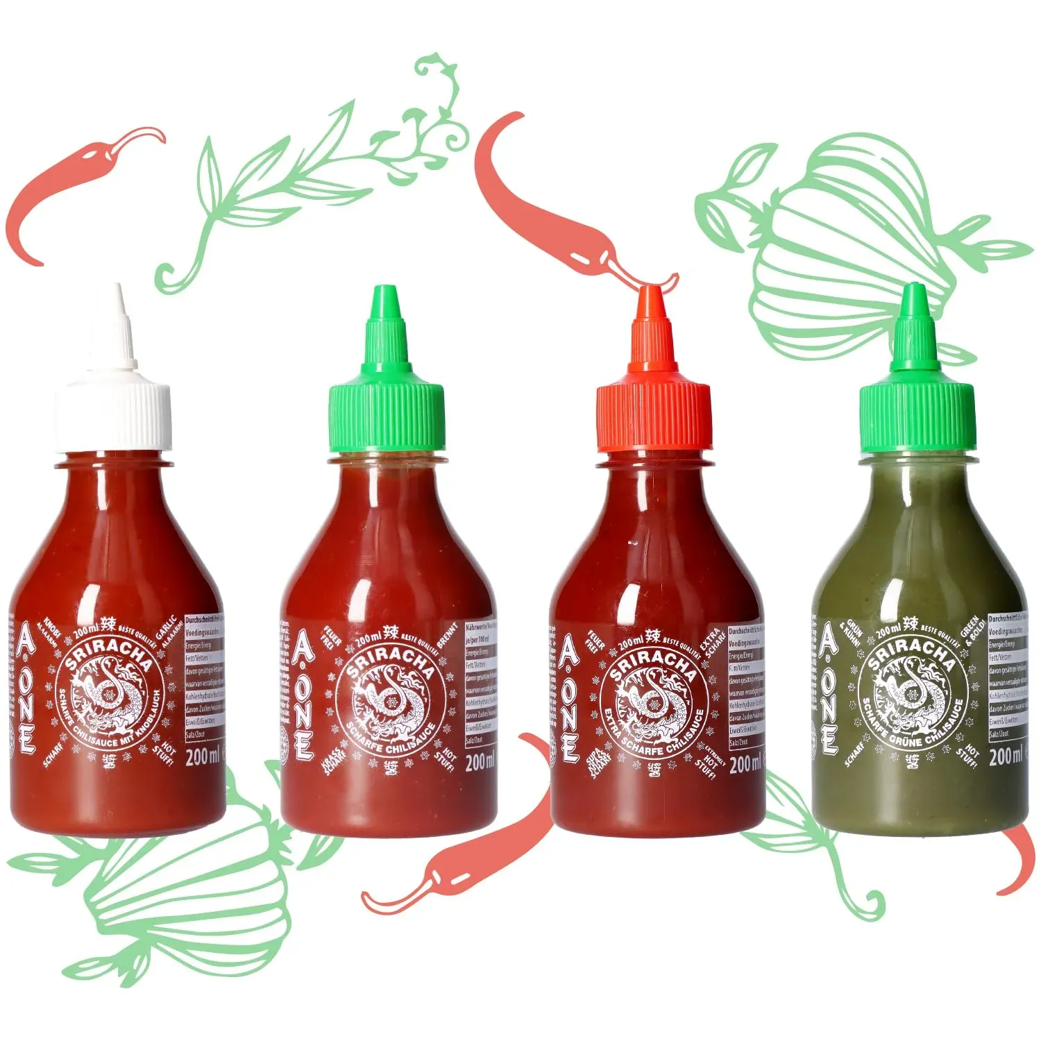 A-One Sriracha Sauce 4 x 200ml - 4 Geschmacksrichtungen - Klassik Scharf, Super Hot, Knoblauch, Gr√on
