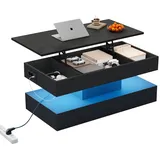 OKWISH Moderner Couchtisch 100x50x42 mit LED-Beleuchtung und Stauraum, Höhenverstellbar, Schwarz, Integrierte Steckdosen