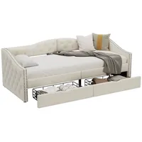 Rutaqian Schlafsofa Einzelbett, Polsterbett mit Schubladen und Lattenrost, 90×200 cm, 1 Teile, luxuriöser Stil, modernes Design, ohne Matratze beige