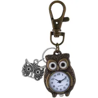 JewelryWe Eule Uhr mit Karabiner Schlüsselanhänger: Herren Damen Karabineruhr Vintage Bronze Niedliche Eule Analog Quarz Taschenuhr mit Weiß Rundem Digital Zifferblatt