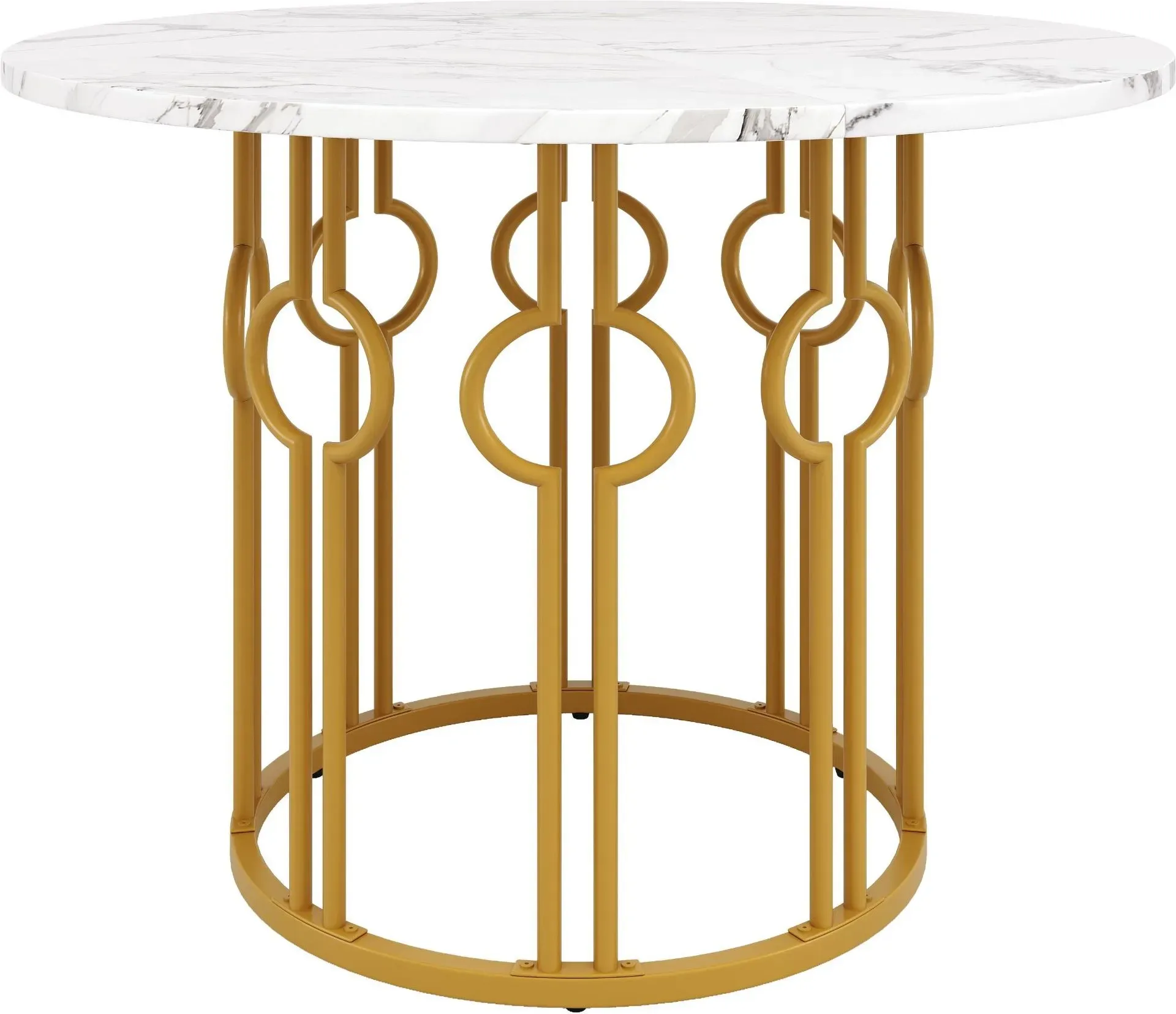 Runder Esstisch für 4 Personen, Küchentisch mit MDF Tischplatte und Metall Tischbeine, 100x100x76 cm, Weiß+Gold
