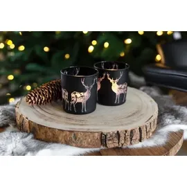 Edzard 2er-Set Teelichtglas Tiu, Höhe 8 cm, schwarz, Hirsch-Motiv