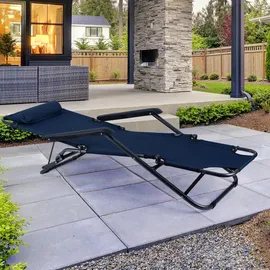 ETC Shop Klappstuhl Gartenstuhl mit Kopfkissen Strandstuhl Sonnenliege Hochlehner Campingstuhl Liegestuhl klappbar, Metall Textil blau schwarz, max. 100kg, L 153 cm