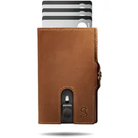 SlimJack SlimJack® Wallet mit Münzfach - Jackster Wallet - Kreditkartenetui mit RFID-Schutz - Geldbeutel für Herren - Aluminium-Kartenhalter - Smart Wallet für Karten & Münzen - Hellbraun Leder