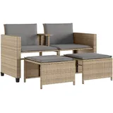 vidaXL Gartensofa 2-Sitzer mit Tisch und Hockern Beige Poly Rattan