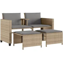 vidaXL Gartensofa 2-Sitzer mit Tisch und Hockern Beige Poly Rattan
