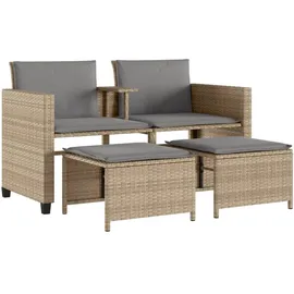 vidaXL Gartensofa 2-Sitzer mit Tisch und Hockern Beige Poly Rattan
