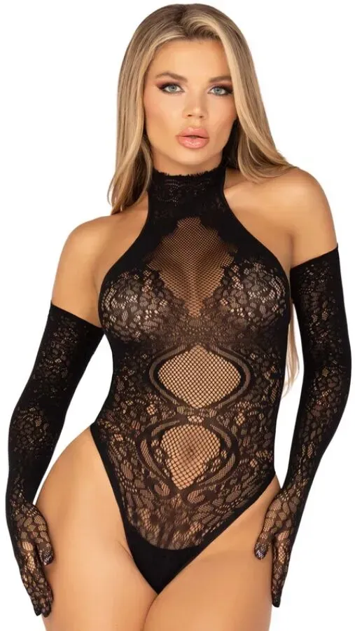LEG AVENUE - 89363 BODYSUIT MIT OFFENEM RÜCKEN + EXTRA LANGE HANDSCHUHE-SET - EINE GRÖSSE