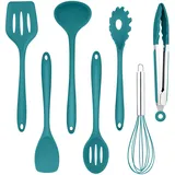 Homikit Silikon Küchenhelfer Set, 7-teiliges Hitzebeständiger Küchenutensilien Kochgeschirr set, Antihaft Kochbesteck Kochutensilienset zum Kochen, Backen, Gesund/Spülmaschinenfest, Blau