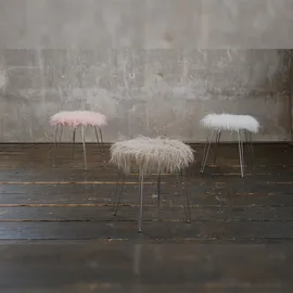 KAWOLA Hocker Fell SINA Flokati Fellhocker grau Fuß silber