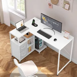 Woltu Schreibtisch L-Form, Eckschreibtisch, mit Steckdosen USB-A, Metallrahmen, Weiß