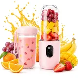 Tragbarer Mixer Smoothie Maker, 500 ml Mixer Smoothie Maker to Go mit Digitalanzeige, 16-Blatt Tragbarer Mixers für Frischen Saft, Wiederaufladbarem MIXER to Go Elektrisch für Reisen Küche, Rosa