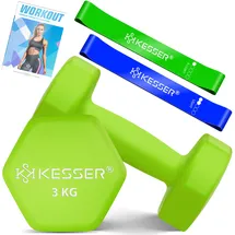 Kesser KESSER® Hanteln Hantelset 2er Set 2kg - 5kg farbig, Kurzhanteln Neopren, Hexagon, Krafttraining, Workout, Fitnesstraining, für Zuhause Mit Übungsheft, 2x Fitnessbänder