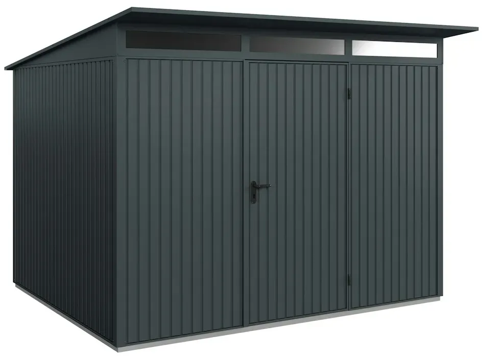Hörmann Metall-Gerätehaus Berry mit Pultdach B 302 x T 238 cm (Typ 3), Motiv Classic (mit schmalen Lamellen), Einzeltür Türanschlag rechts, Anthrazitgrau (RAL 7016)