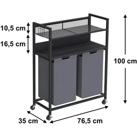 DanDiBo Ambiente DanDiBo Wäschekorb 2 Fächer mit Ablagen Schwarz Metall 96501 Wäschesammler Wäschewagen mit Rollen Wäschebox Wäschekorb Wäschesack Modern