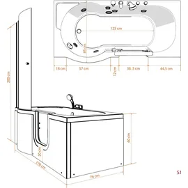 SeniorBad Seniorendusche und Wanne mit Whirlpool S12D-AIR-R-EC Dusche 85x170cm - Weiß