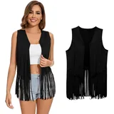 XonyiCos Damen Fringe Weste 70er Jahre 60er Jahre Hippie Westes Ärmellose Cowgirl Western Faux Wildleder Quaste Lederjacke Karneval und Rollenspiele Kostüme (Schwarze Quaste Weste, L) - L