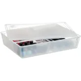 Relaxdays Aufbewahrungsbox mit Deckel, HBT 7 x 32 x 24,5 cm, 3 Fächer, Organizer Büro, Kosmetik, Kunststoff, transparent