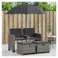 vidaXL Gartensofa 2-Sitzer Sonnenschirm und Hocker Grau Poly Rattan