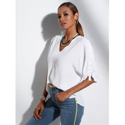 Schlupfbluse CREATION L, Damen, Gr. 52, weiß, 100% Viskose, unifarben, V-Ausschnitt, Kurzarm, Blusen