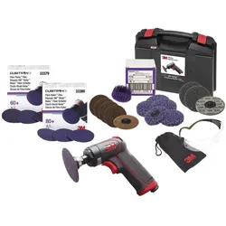 3M Roloc Pistolenschleifer-Set, 1x 3M Roloc Pistolenschleifer, 30x 3M Cubitron II Roloc Schleifscheiben, 4x 3M Scotch-Brite Roloc Bristle Discs, 13x 3M Scotch-Brite Roloc Scheiben, 1 x 3M SecureFit 400 Augenschutz, 1x Hülle 3M SecureFit 400 PN 51418