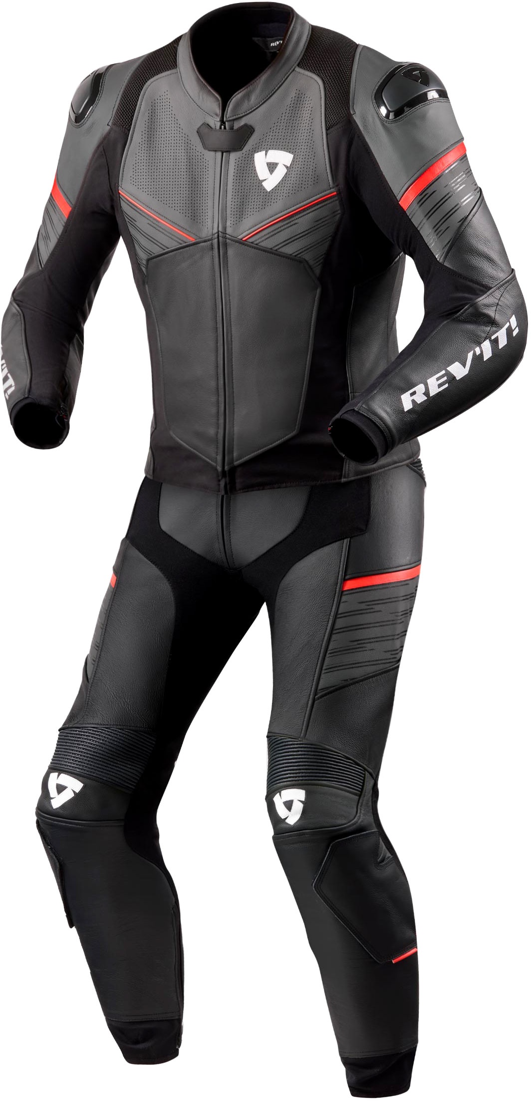 Revit Beta, costume en cuir 2pcs. perforé - Noir/Gris/Rouge Néon - 56
