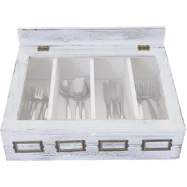 Mendler Besteckkiste HWC-C25, Holzbox mit Deckel Besteckkasten, Paulownia 17x37x33cm ~ weiß, shabby