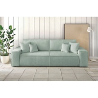 andas 3-Sitzer FINNLEY Schlafsofa 257 cm, Schlaffunktion mit Bettkasten (200/136cm), in Aqua Clean-Bouclé, Struktur fein u. Cord grün