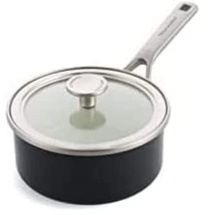 KitchenAid Steel Core Enamel Stielkasserolle mit Deckel (16cm/1,3l), deutsche Emaille, Induktionsgeeignet, backofenfest, spülmaschinenfest, Onyx Schwarz