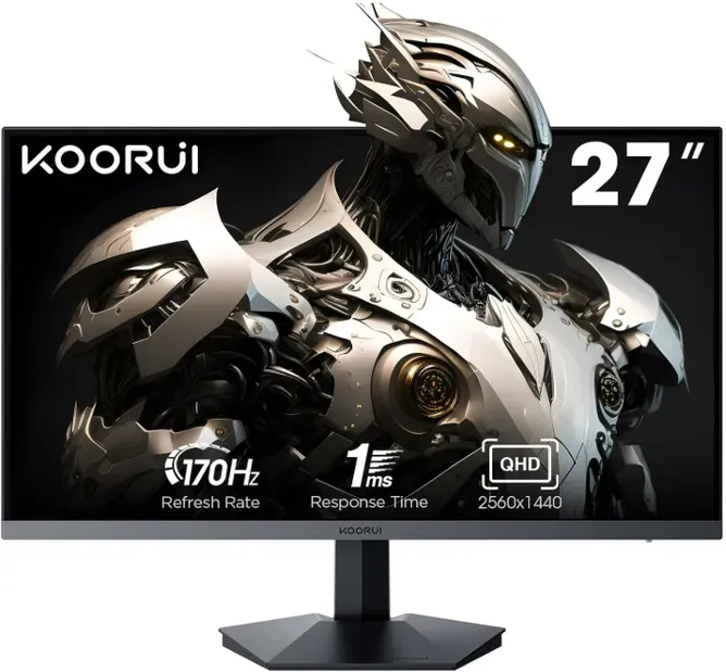 KOORUI Gaming Monitor 27 Zoll, QHD 2560 x 1440 PC Bildschirm Adaptive-Sync Technology (IPS-Panel, 170Hz, 1ms, DCI-P3 90%, Gsync Compatibility, 2xHDMI, VESA, DisplayPort, Einstellbare Neigung)